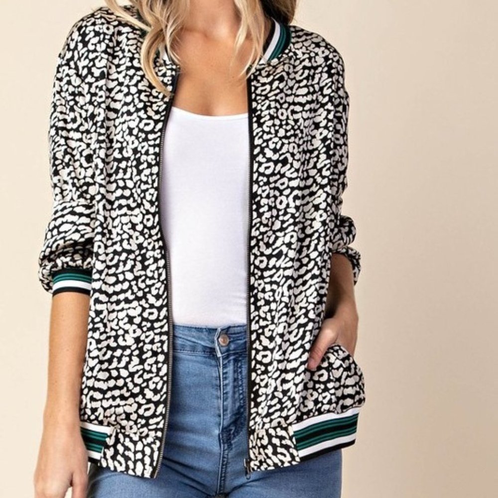 Black and white Leopard Bomber jacket with dark green stripes and pockets